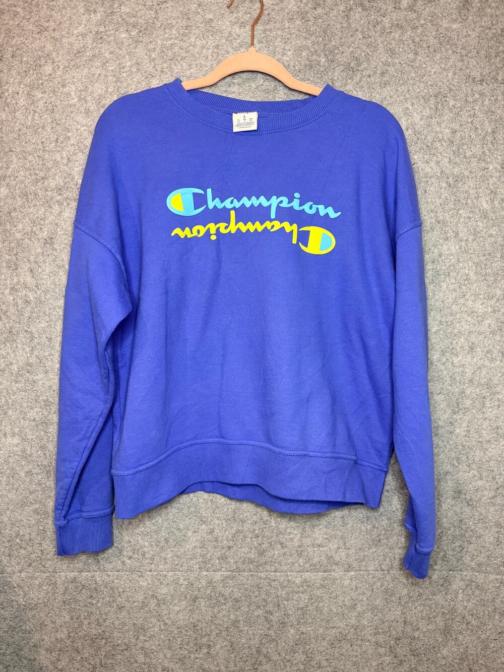 Champion Womens Large Blue Oversized Crewneck Sweatshirt Spellout Logo Pullover